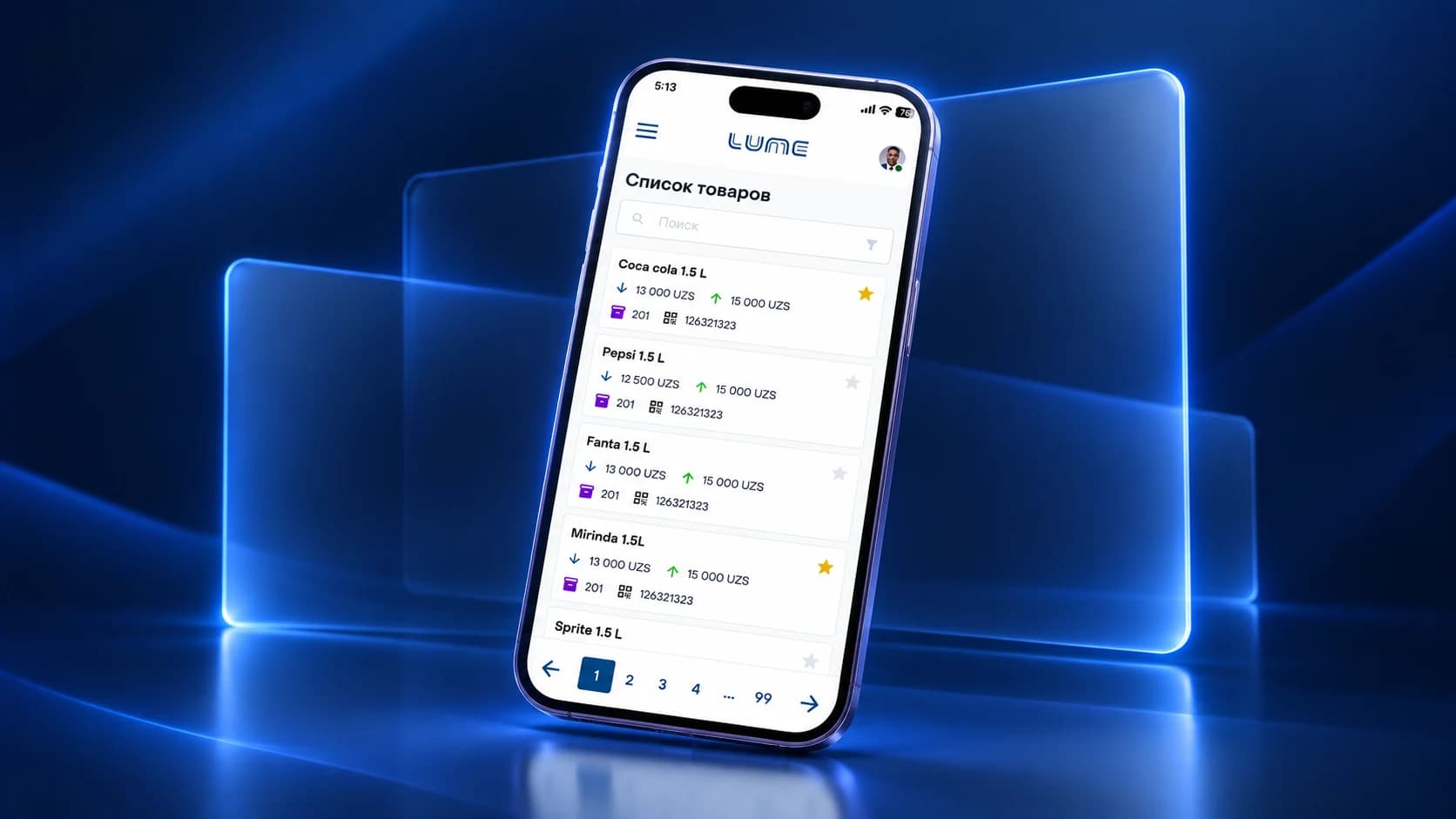 Lume mobile app — product list with prices and stock levels